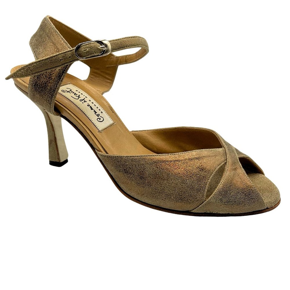 COMME IL FAUT METALLIC GOLD PRINTED SUEDE CRISSCROSS OPENBACK TANGO SANDALS SZ 8